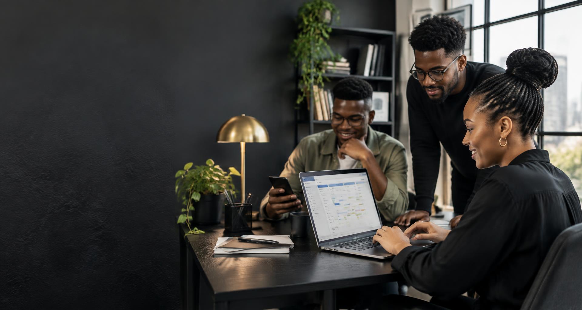 Entrepreneurs collaborating with a laptop and phone in a modern workspace